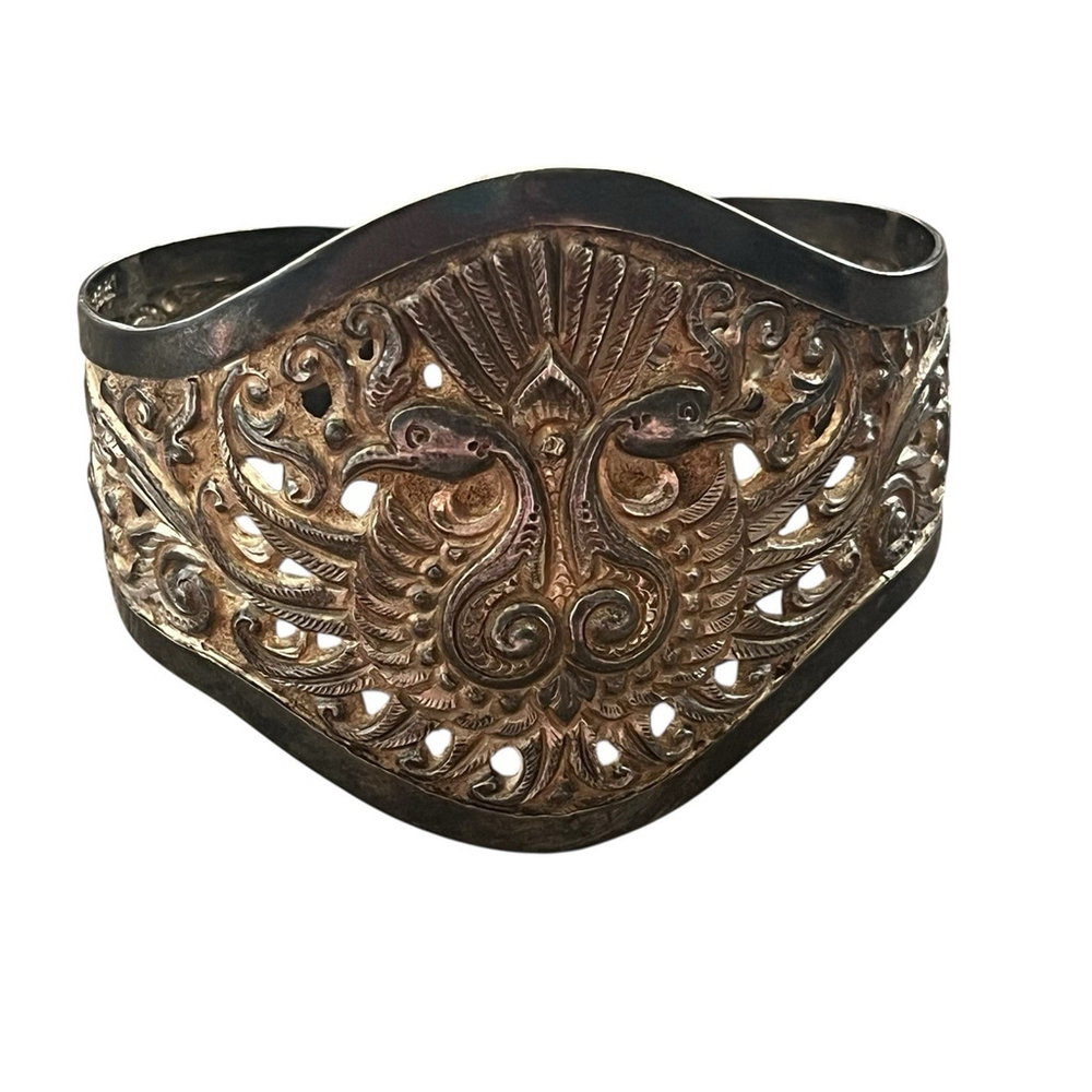 Antique Art Nouveau Peacock Sterling Silver Cuff Bracelet Repoussé Victorian